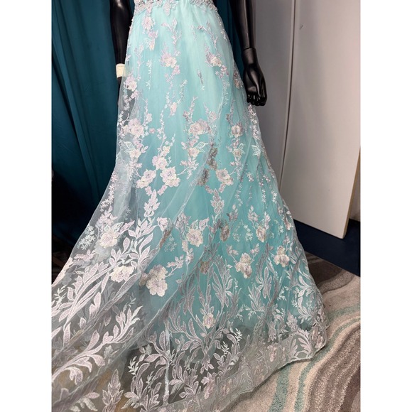 Morrell Maxie Size 4 Aqua White Floral Lace Off Shoulder Formal Gown - Picture 10 of 16